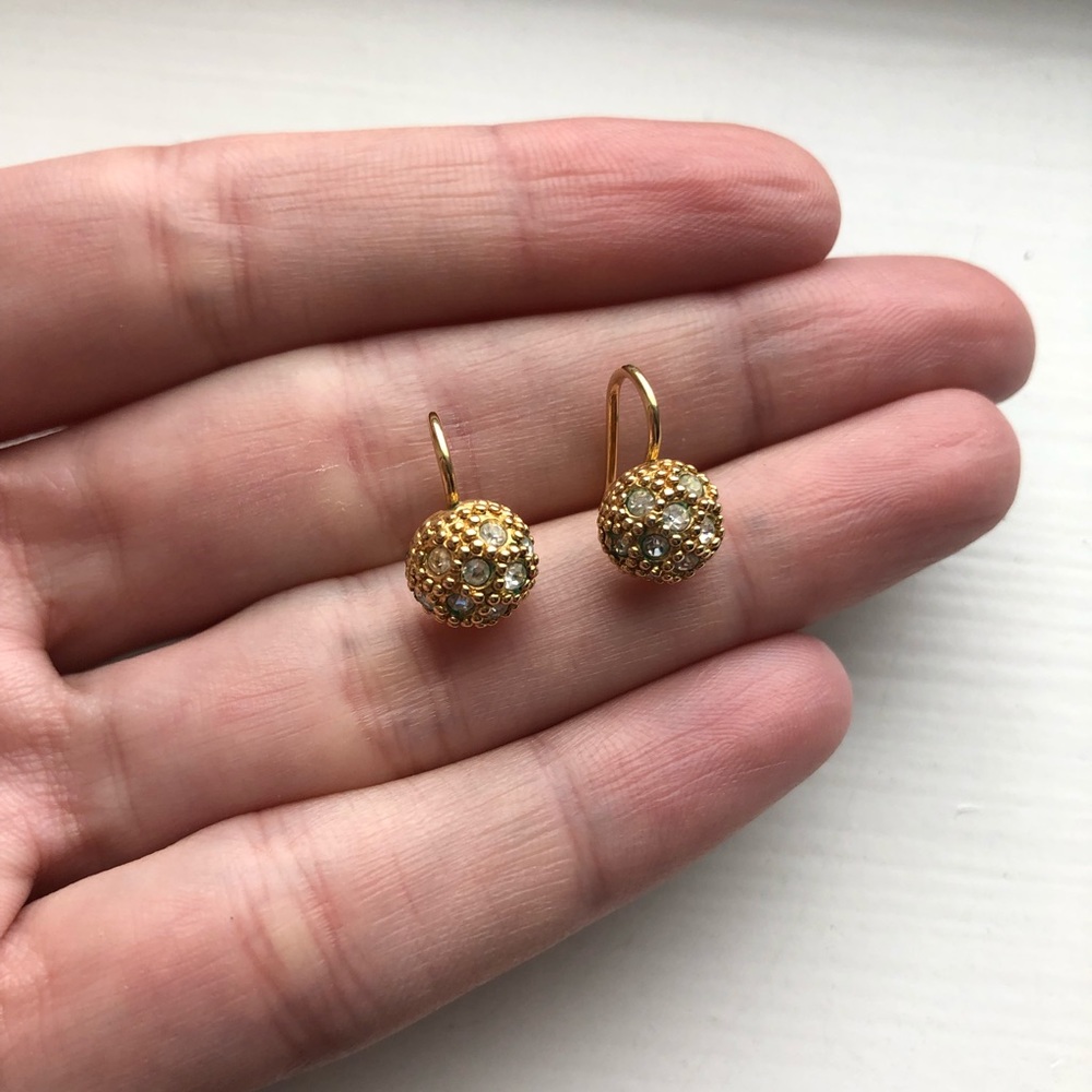 Tiny Gold “Disco Ball” Rhinestone Drop Earrings - image 6